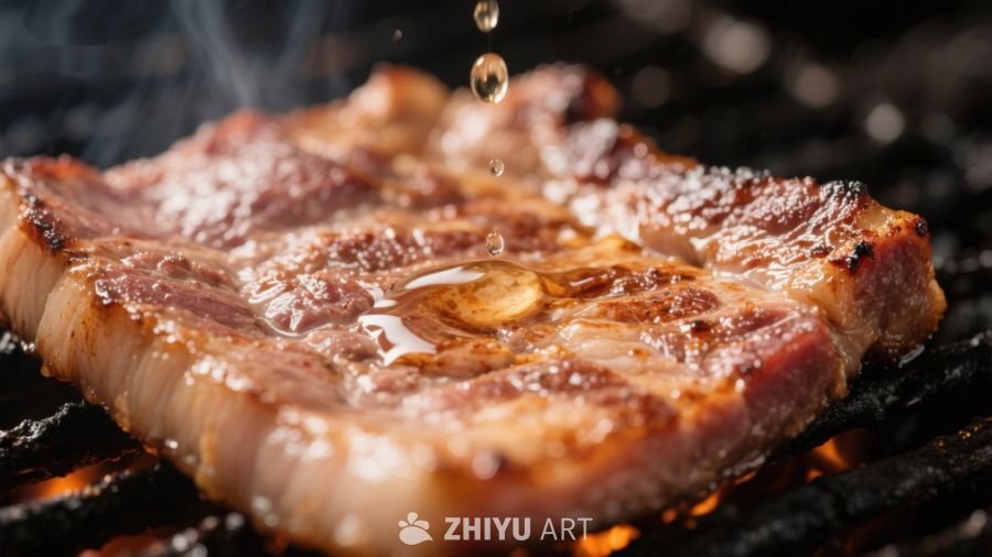 烤肉上的油滴与蒸汽
