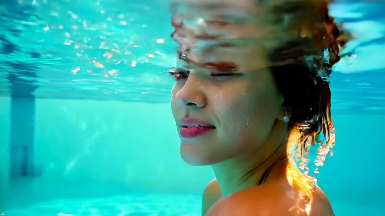 阳光穿透绿松石色的水面，一个年轻女子在水中缓缓滑行