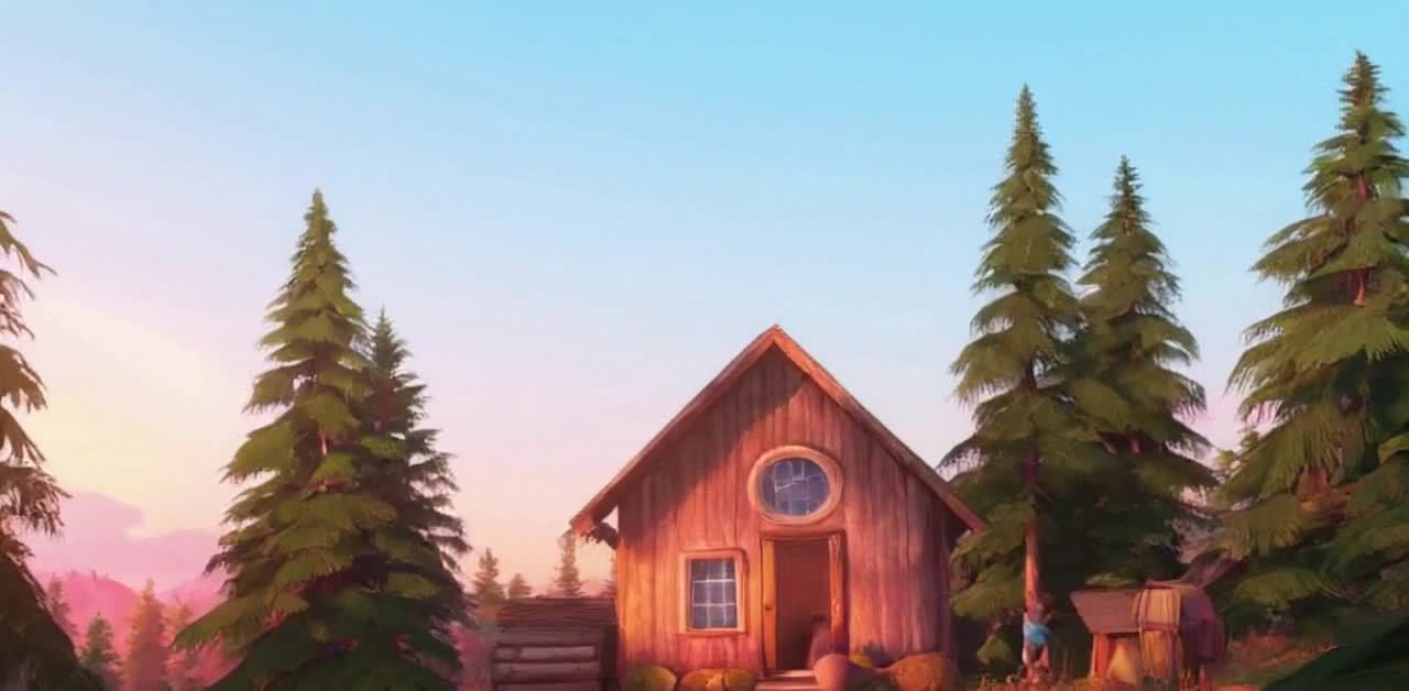 傍晚男孩与鸟儿的林间小屋相遇