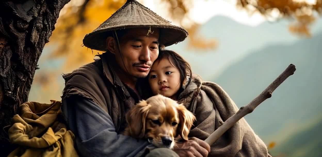 男人戴着草帽，抱着一个小女孩和一只金毛犬，侧身靠在