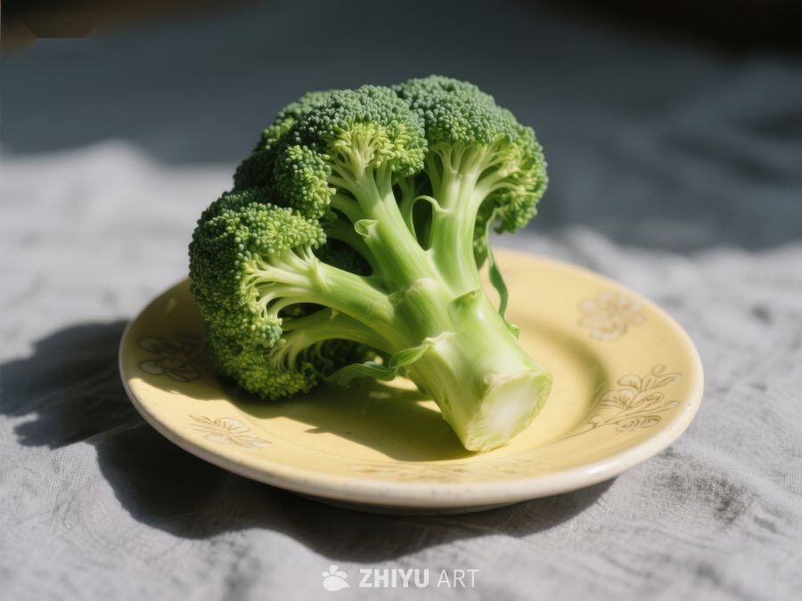 新鲜西兰花置于黄色盘中 746