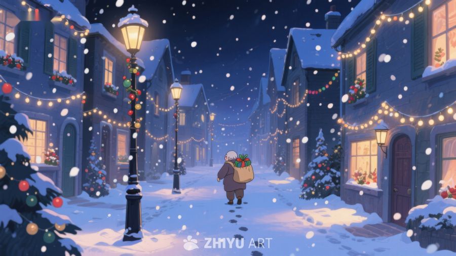 雪夜小镇的温馨街景 353