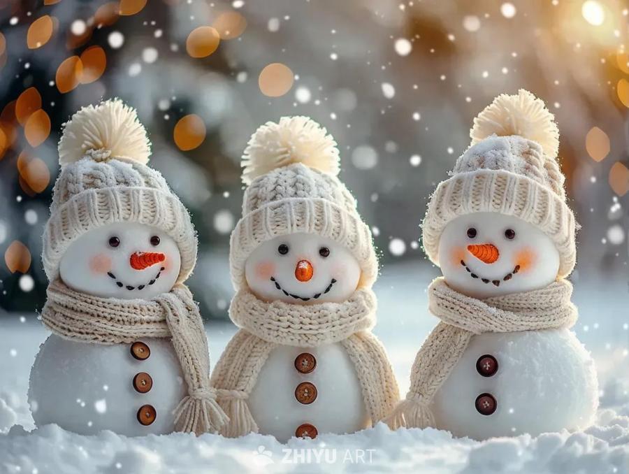 三个雪人站在雪地里，每个雪人都戴着带有绒球的白色针