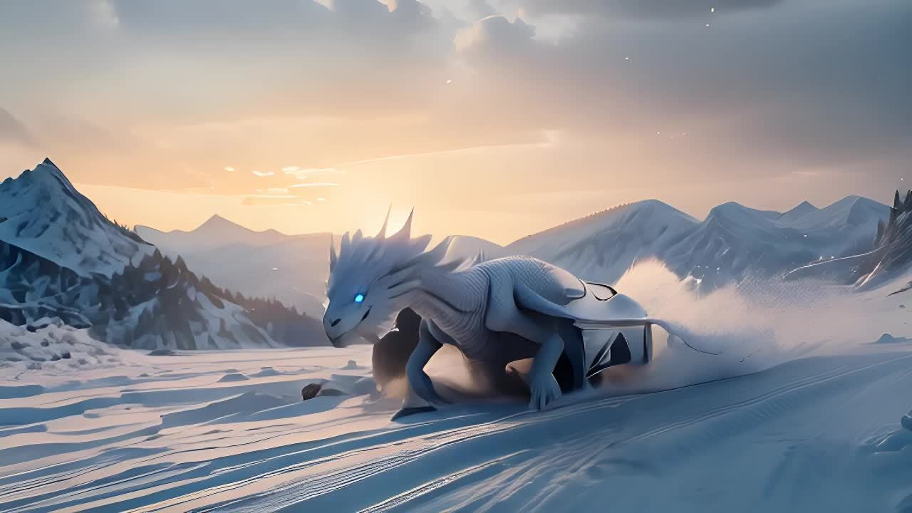 雪龙在白雪皑皑的地面上展翅飞翔。