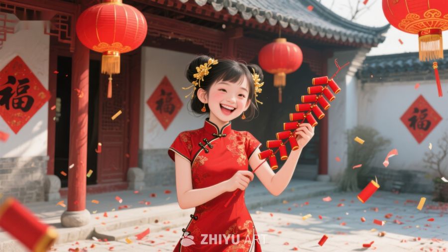 小女孩手持鞭炮庆祝春节 100
