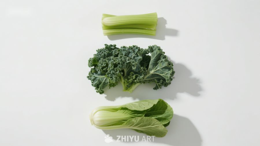 三种绿色蔬菜排列展示