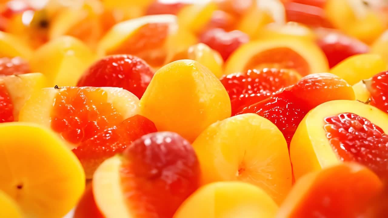 许多黄色和红色的水果紧密排列，占据了整个画面。一些