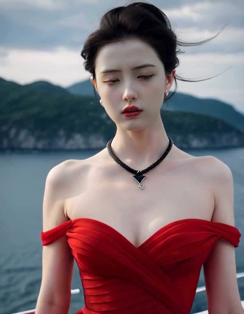 一位身穿红色露肩连衣裙的女性，站在邮轮甲板上，面容
