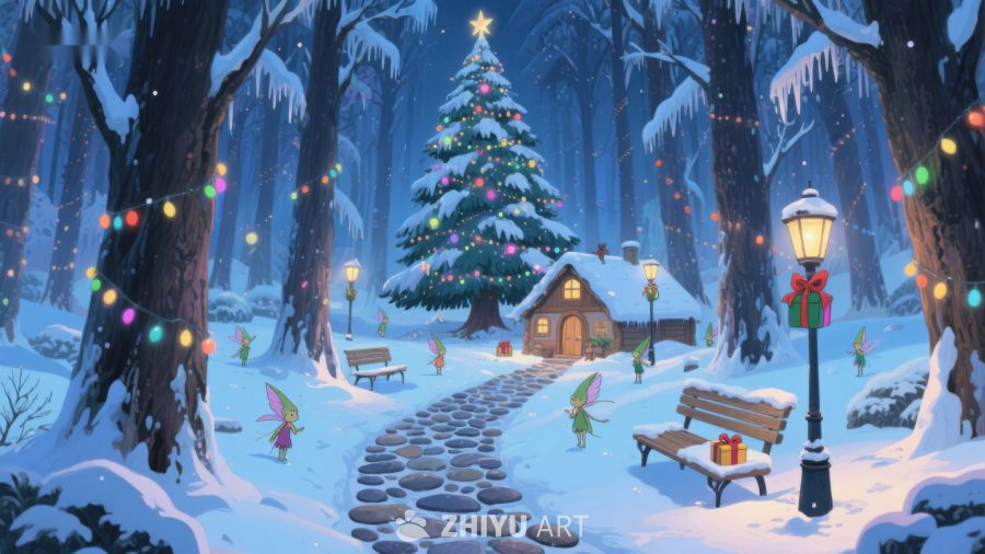 雪夜森林中的圣诞树与小屋 398