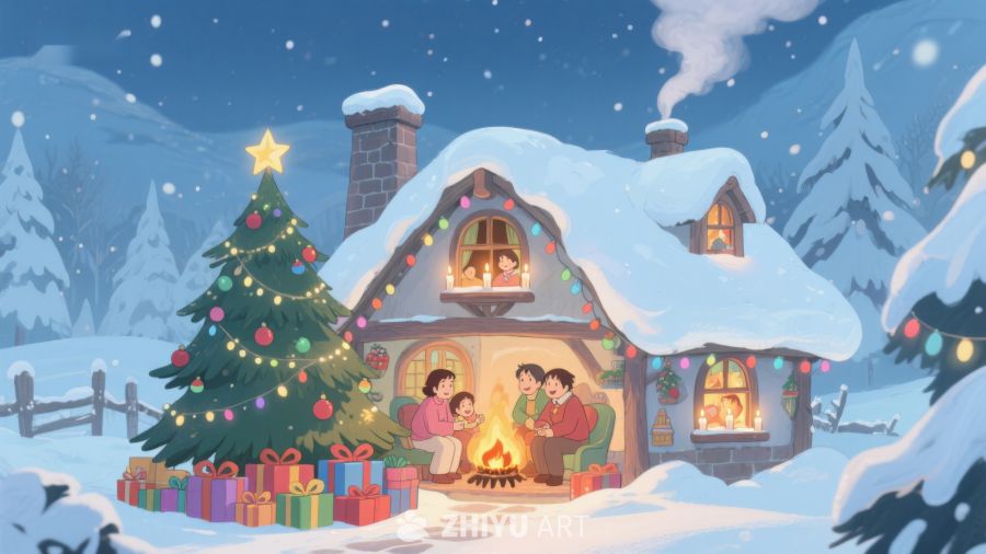 雪夜温馨小屋，家人围炉共度圣诞 329