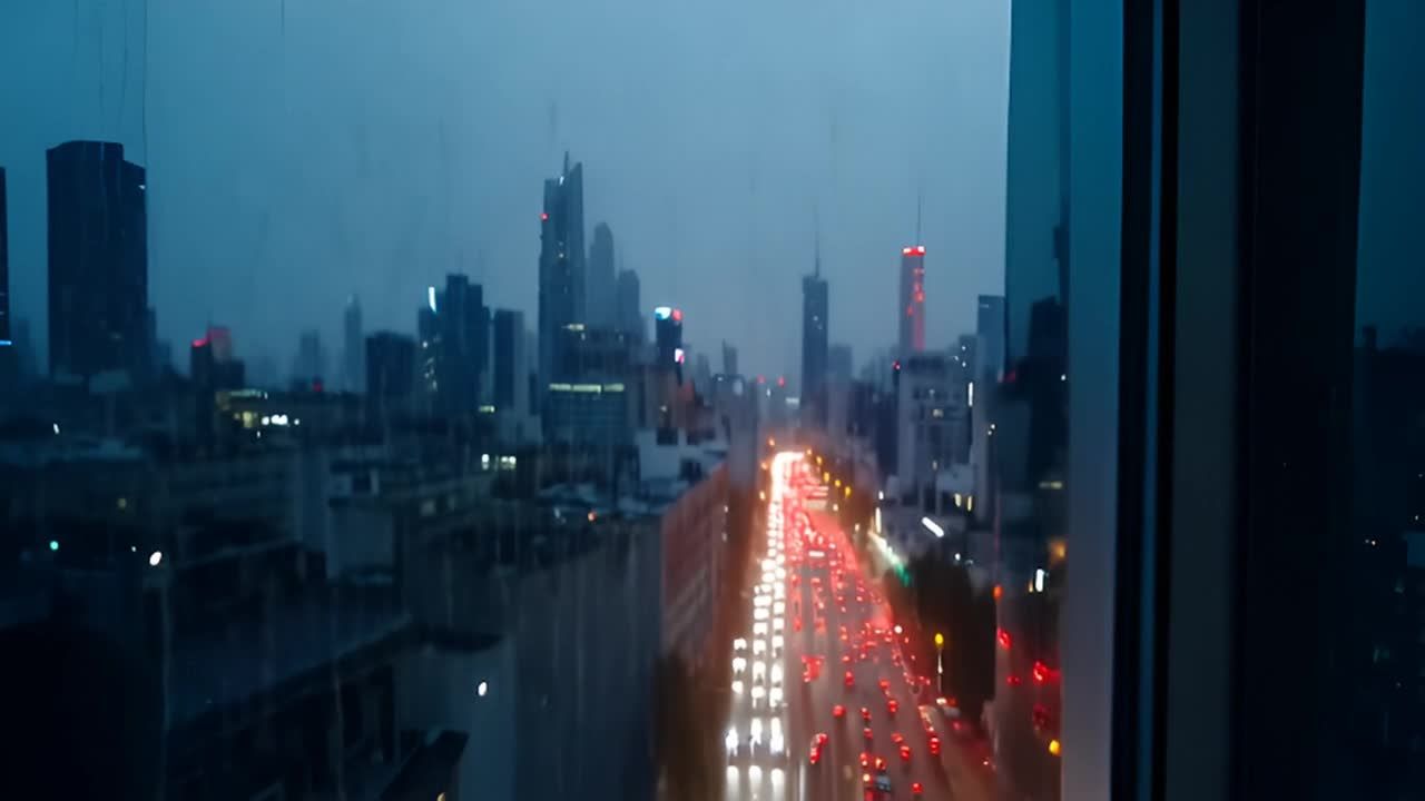大雨中，从公寓拍摄的城市景象，镜头略有晃动。画面中