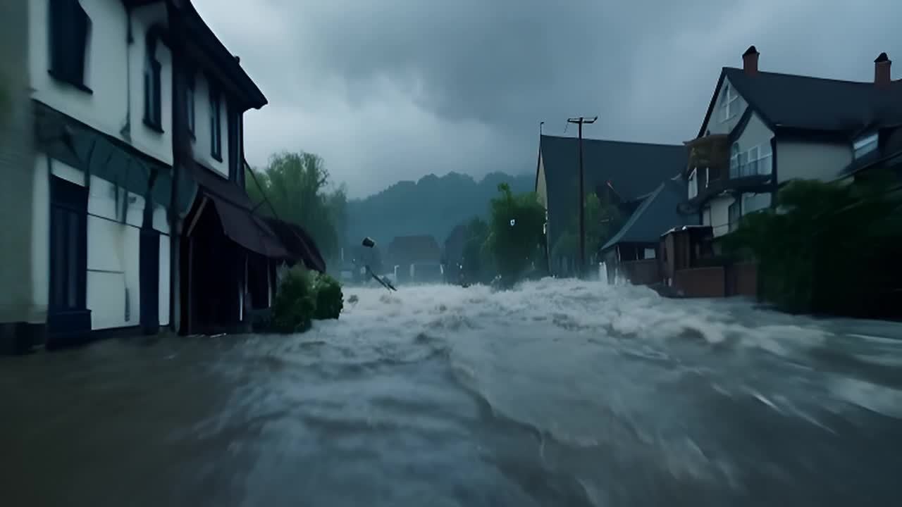洪水淹没街道，水流湍急。水面上漂浮着杂物，建筑物被