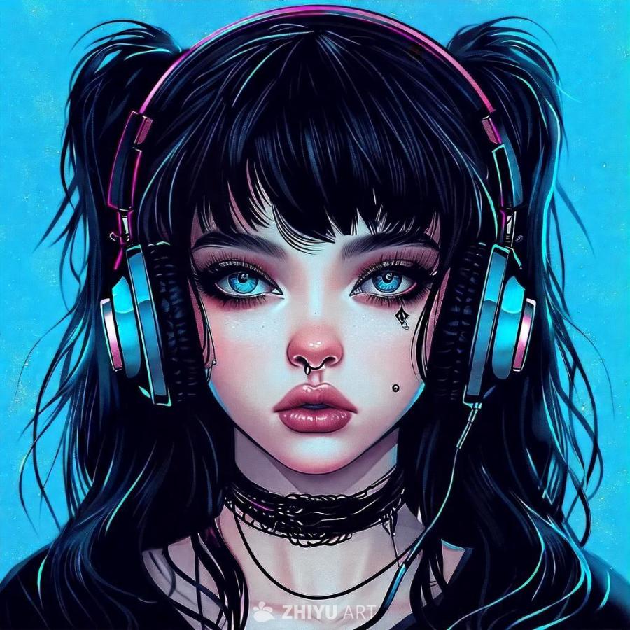 一个黑发蓝眼睛的女孩戴着耳机，眉毛上穿了孔，佩戴着