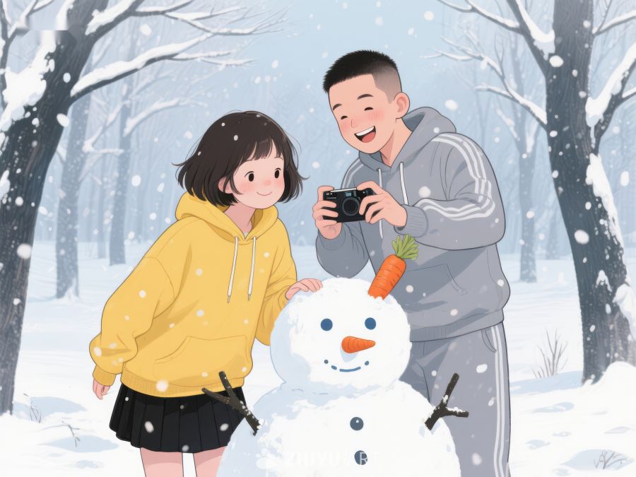 冬日雪地，两人合影雪人 119