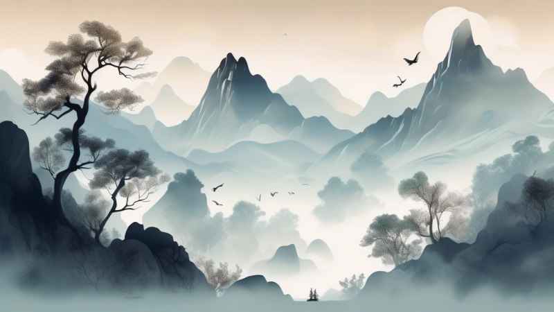 国风水彩画山水风景插画 93