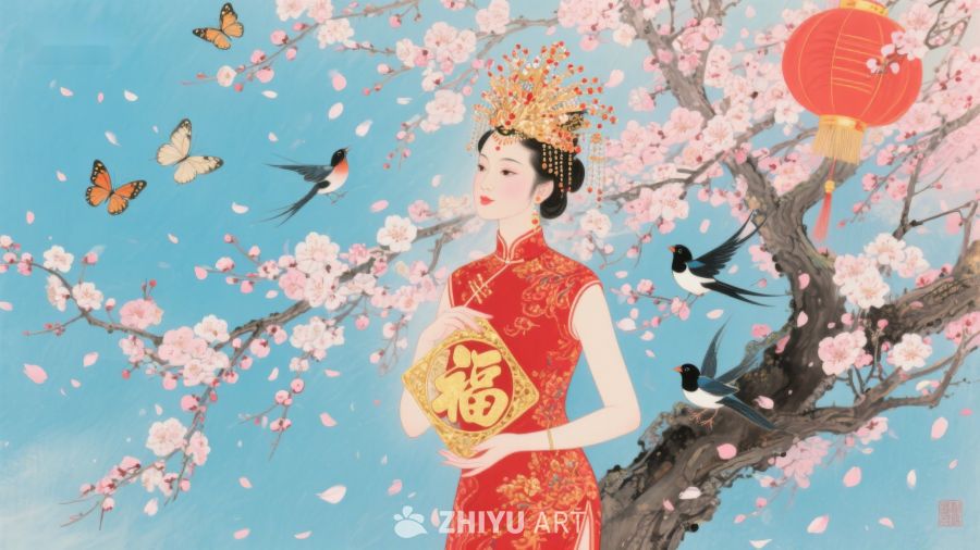传统服饰女子手捧福字，樱花环绕 4