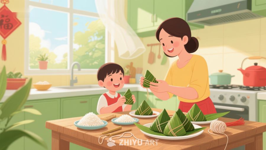 母子厨房包粽子 358