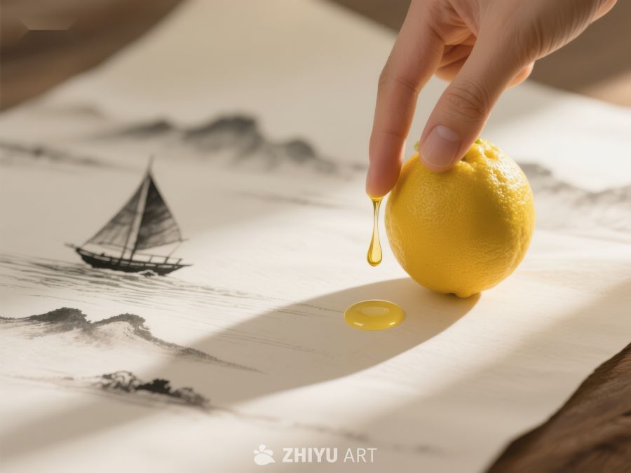 手挤柠檬，墨画山水背景 488