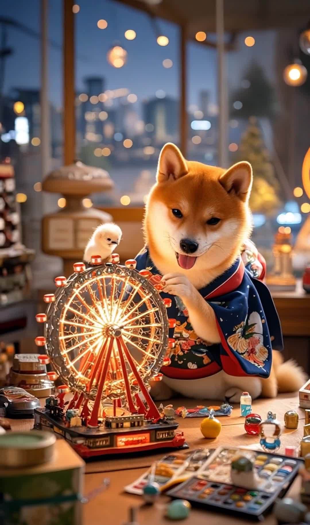 柴犬和服与摩天轮，温暖的城市夜景
