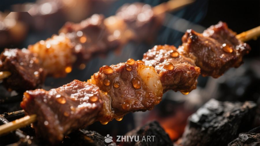 烤肉串上的美味牛肉