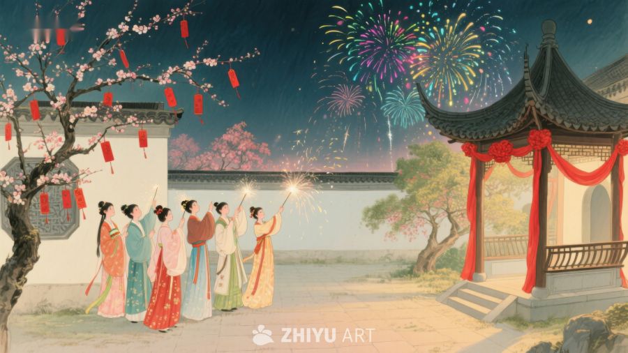 古风女子庭院赏烟花 231