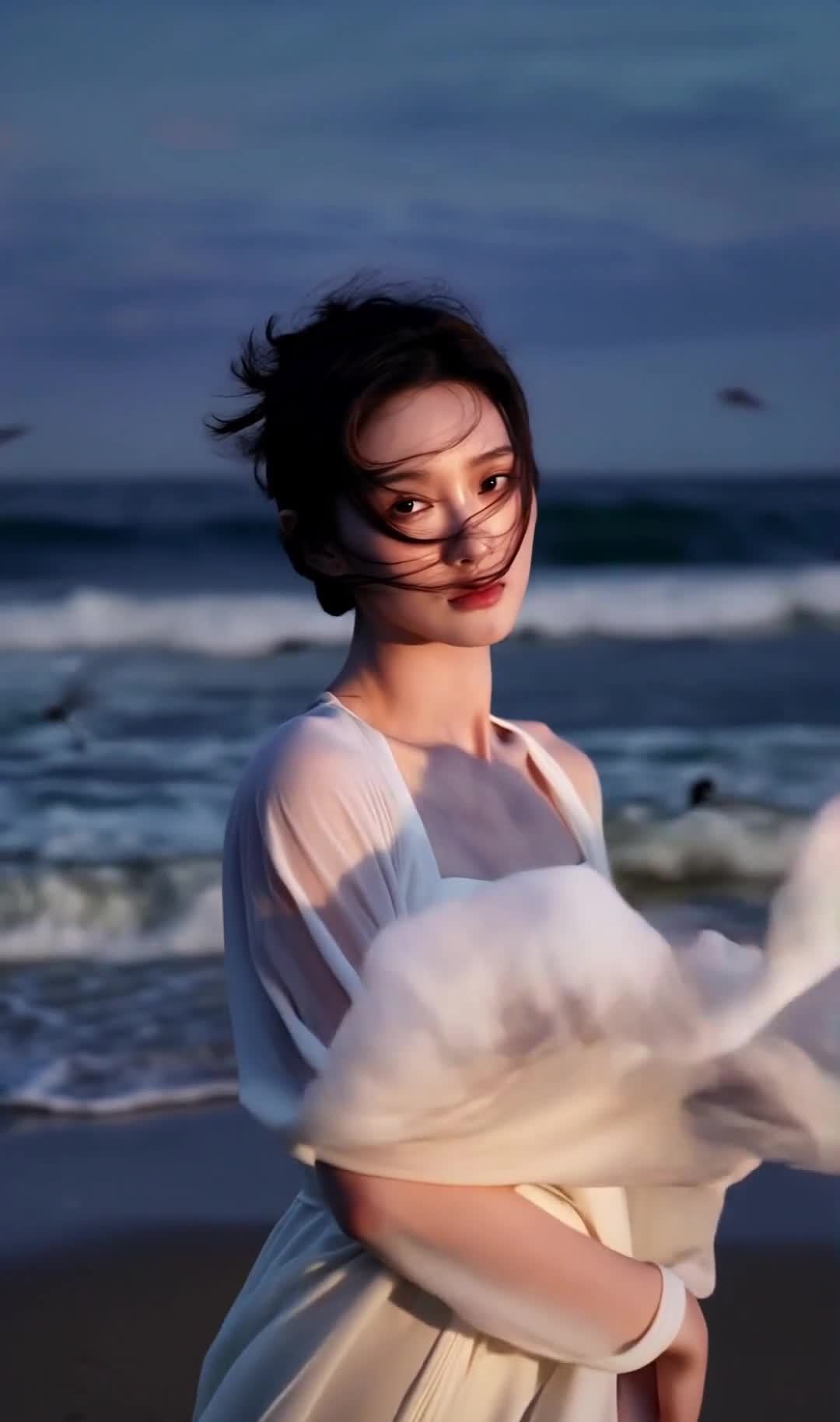 海边女子星光洒落，长裙随风，海鸟飞翔，唯美浪漫。