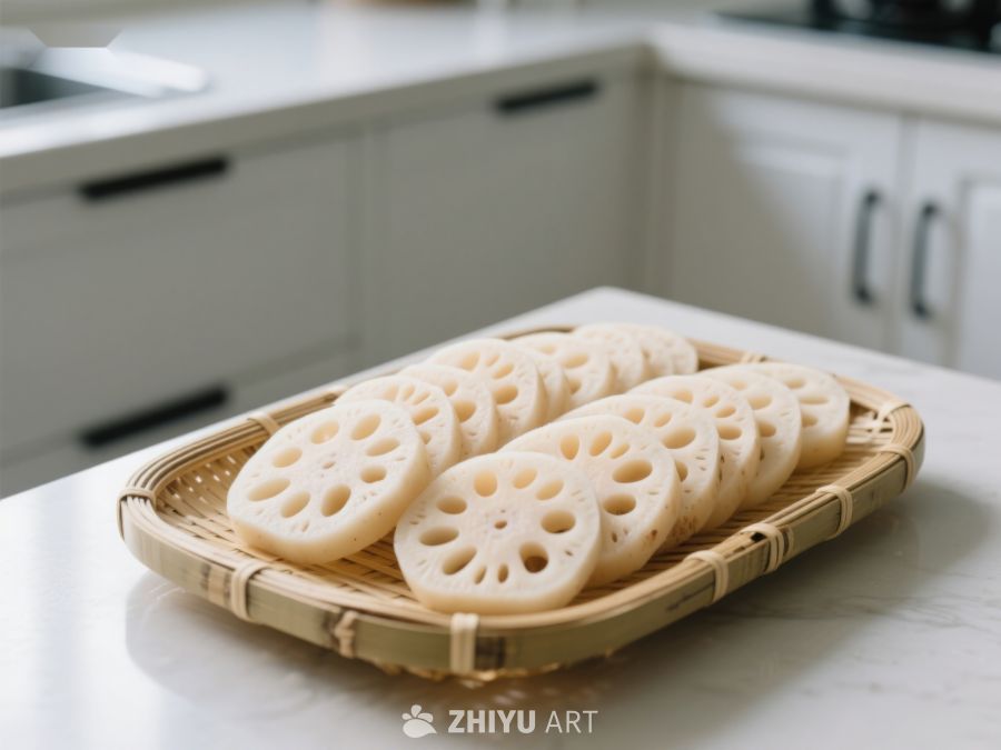 新鲜莲藕片置于竹制托盘 456