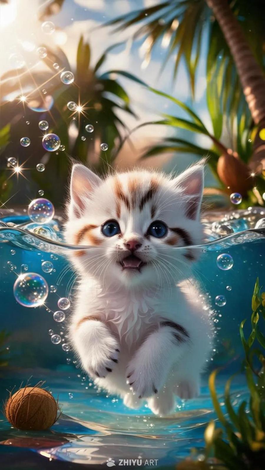 一只蓝眼睛的白色小猫完全浸没在水中，周围环绕着闪闪