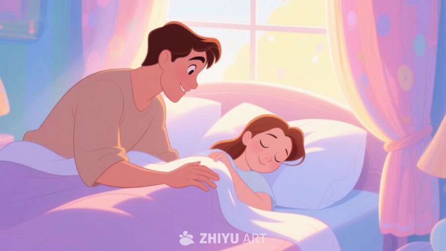 温馨睡前时刻：母亲轻抚熟睡的女儿 425