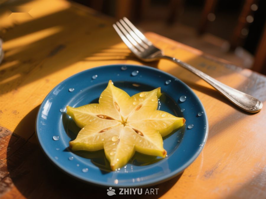 切片杨桃置于蓝色盘中，阳光洒落 426