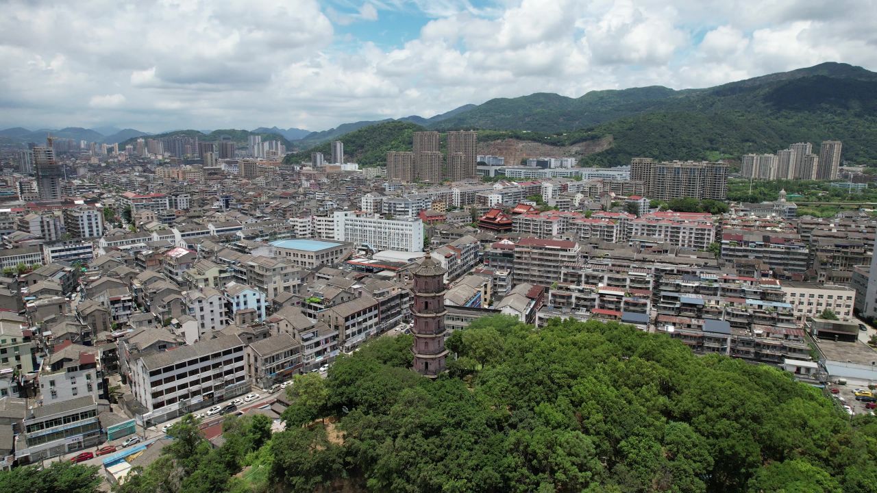 浙江温州双塔地标建筑航拍