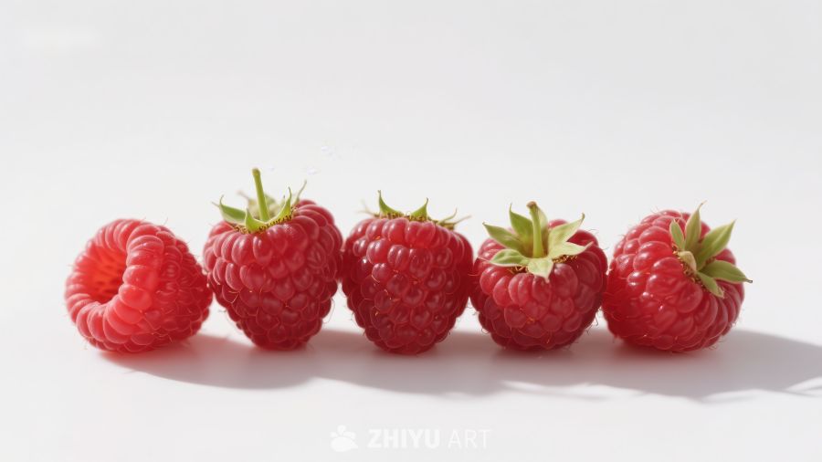 新鲜覆盆子排列在白色背景上