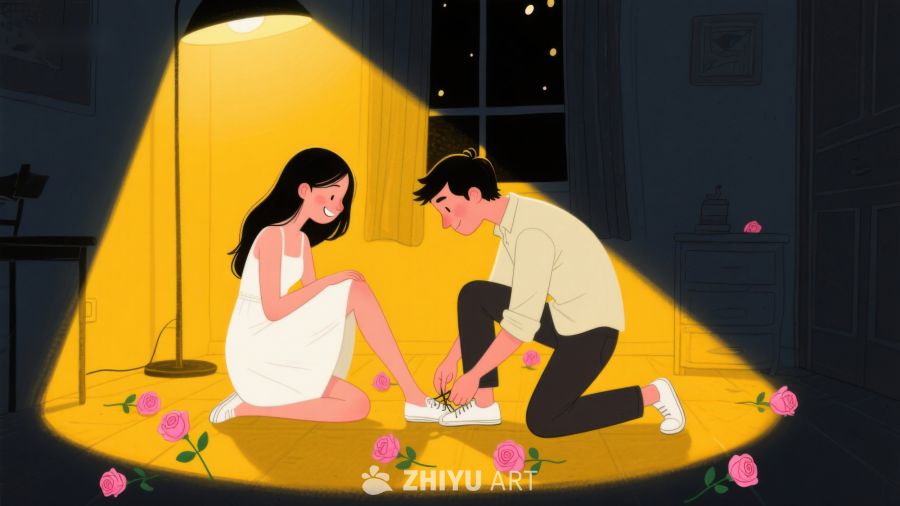 温馨夜晚，男子为女子系鞋带 514