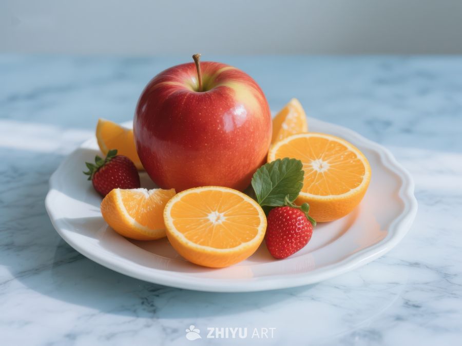 新鲜水果盘：苹果、橙子与草莓 718