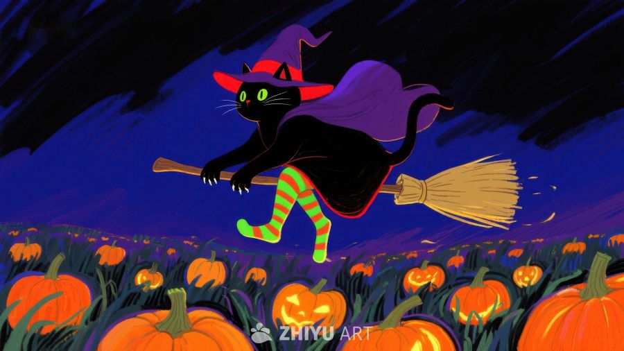万圣夜猫巫骑扫帚飞过南瓜田