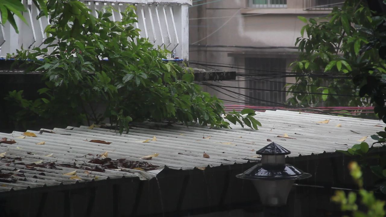 大雨中的车棚顶和路灯