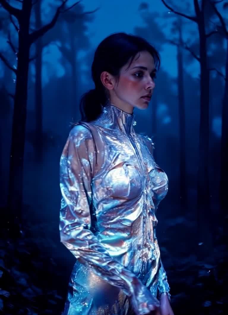 森林中身着未来感紧身衣的女性沉思