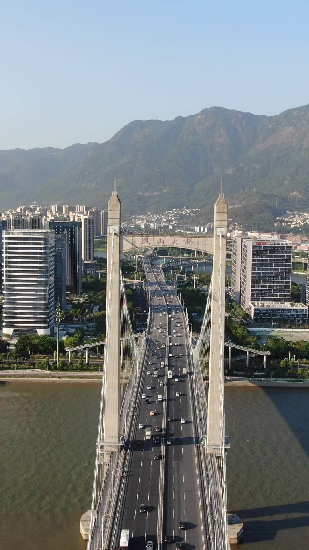城市桥梁与山景的和谐共存