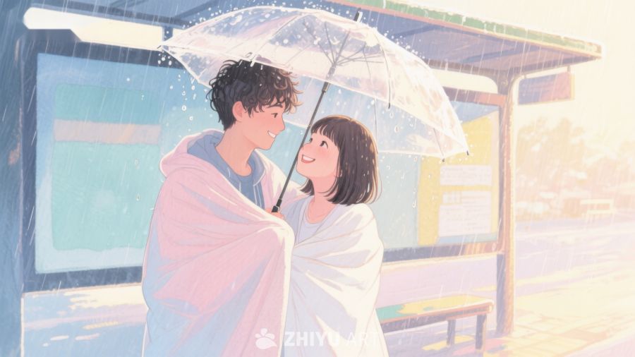 雨中伞下温馨相拥的两人 681