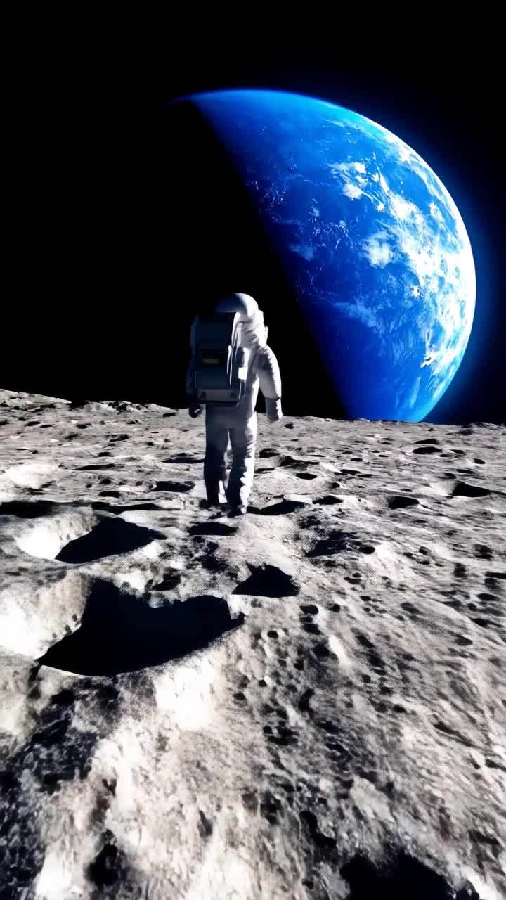 一个穿着宇航服的宇航员行走在月球表面。月球表面覆盖