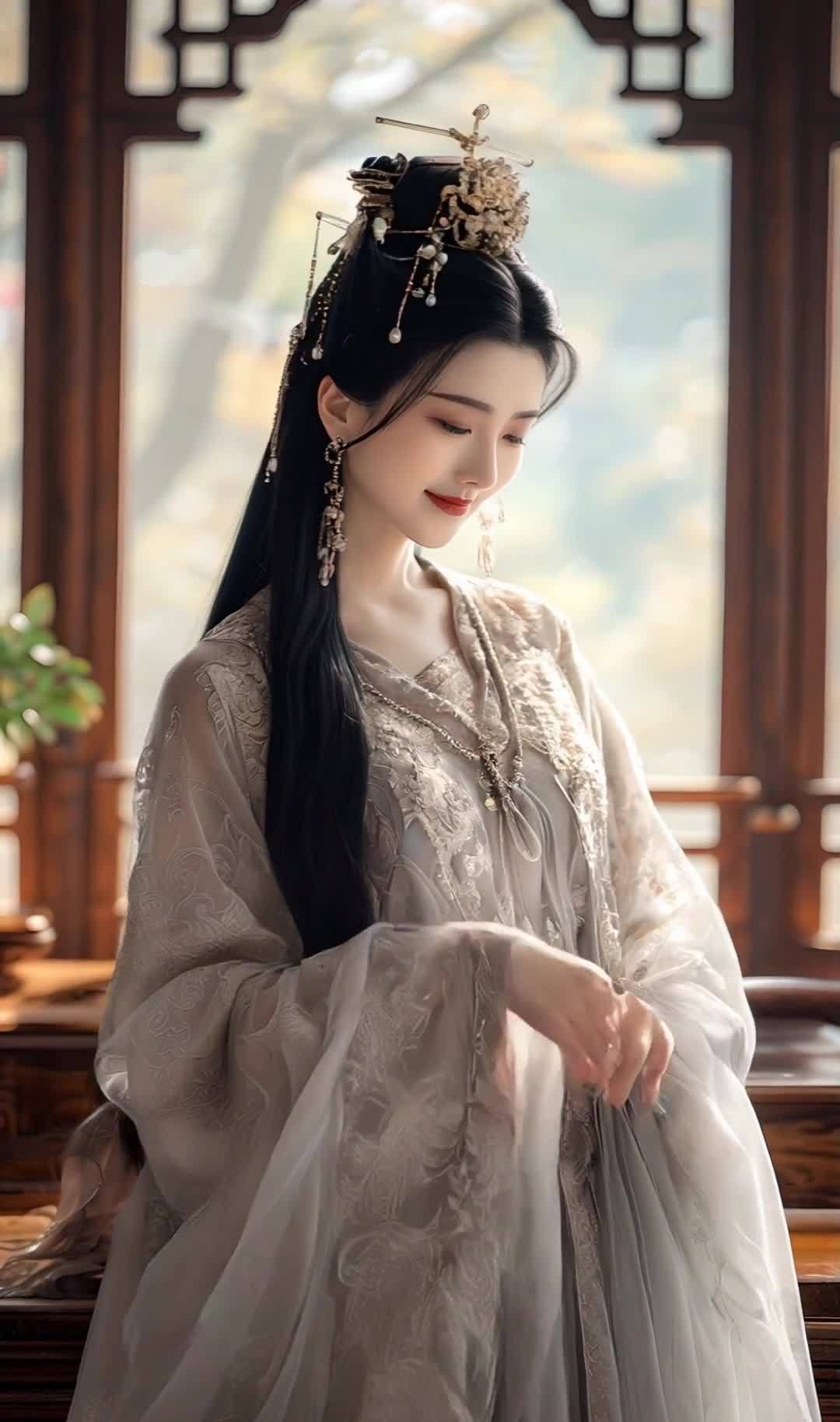 古典美人着汉服，倚窗思考，长发精致发饰。