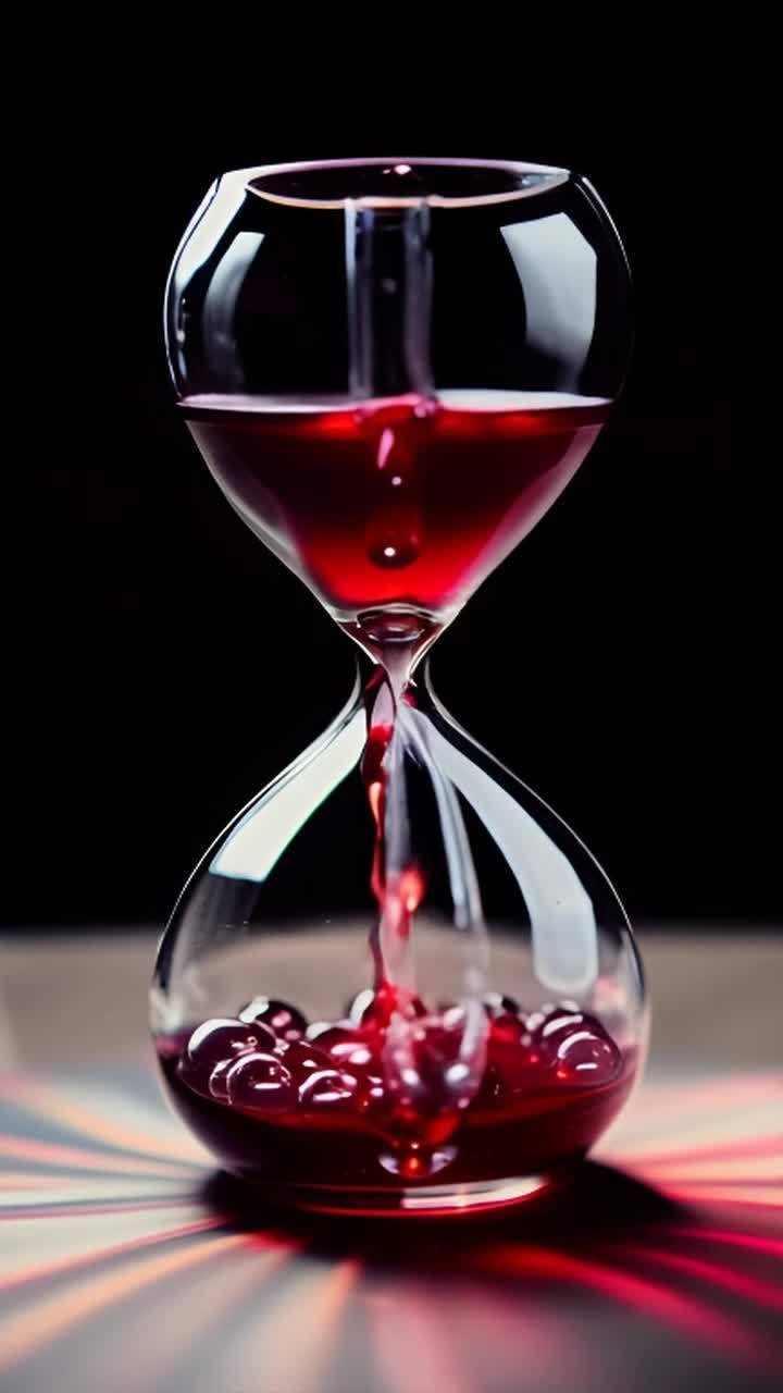 一个装满红酒的沙漏，红酒从顶部慢慢流入底部，玻璃边