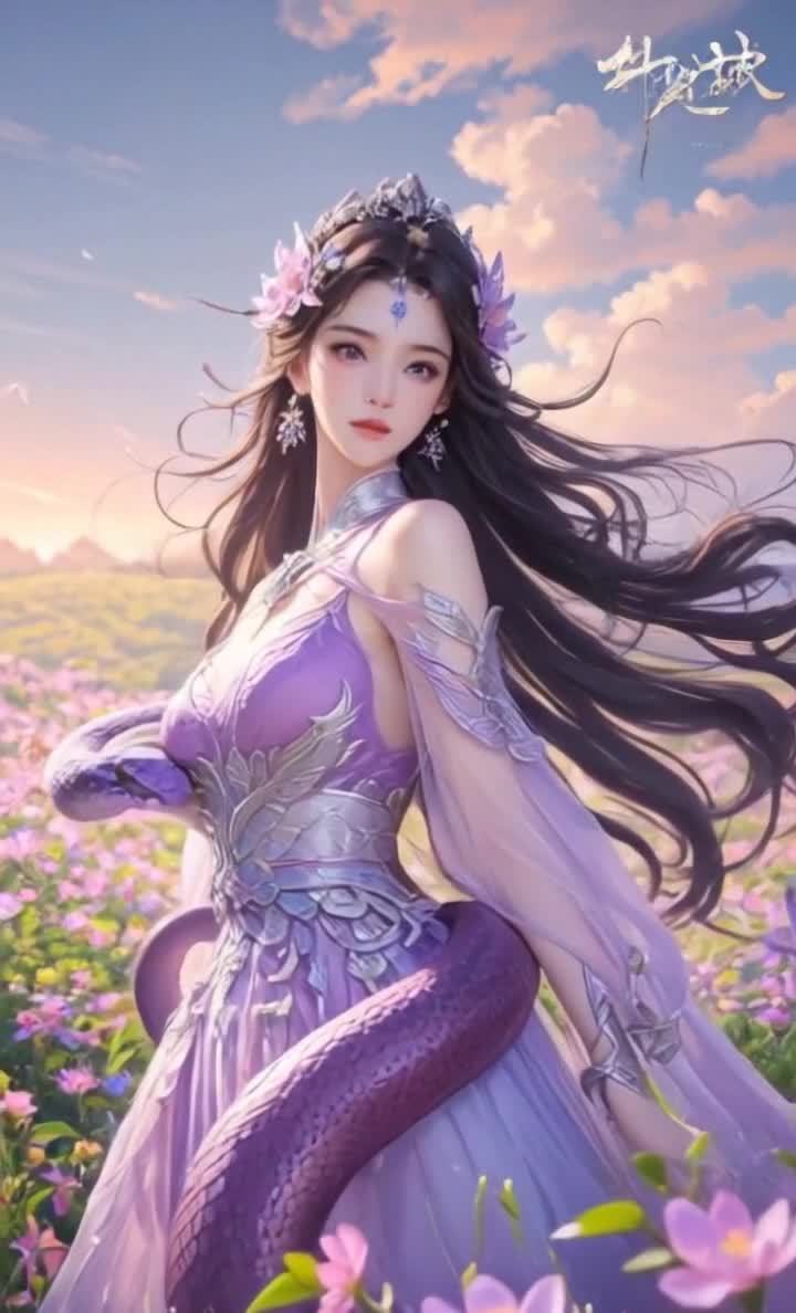 紫衣女子与蛇，花田盛放，仙气飘飘。