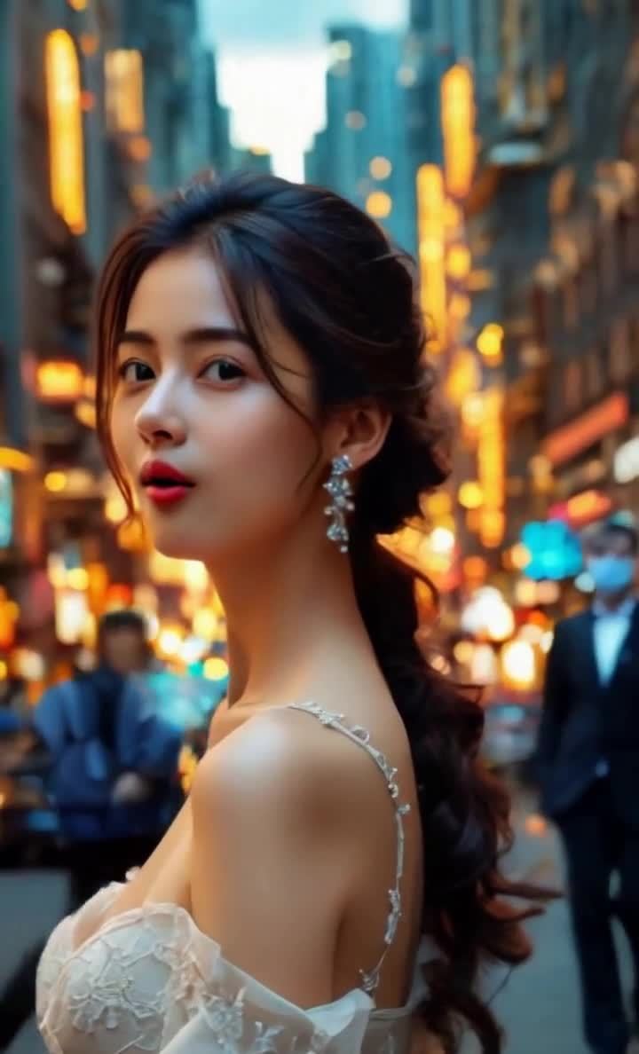 都市丽人回眸一笑，霓虹闪烁下的自信风采