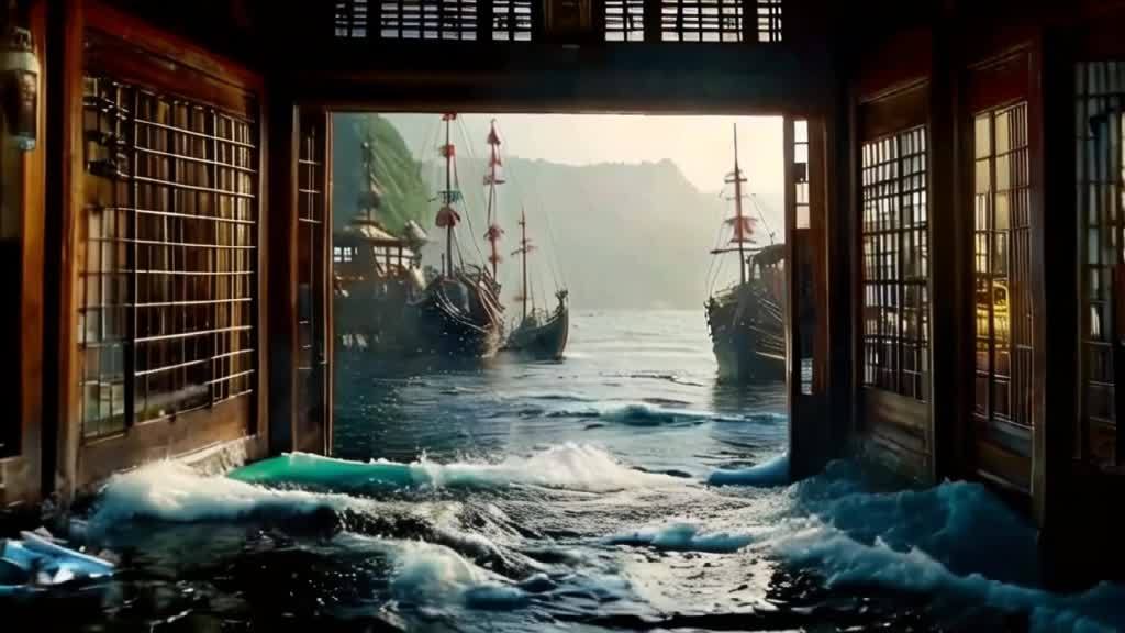 海面上有几艘帆船，海浪从木质门窗涌入房间。