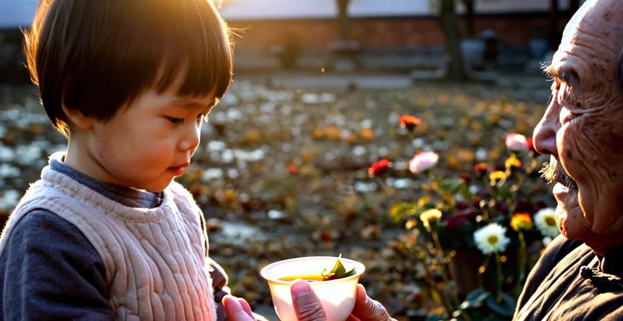 幼童递茶给老人，秋日暖阳下的温馨一幕。