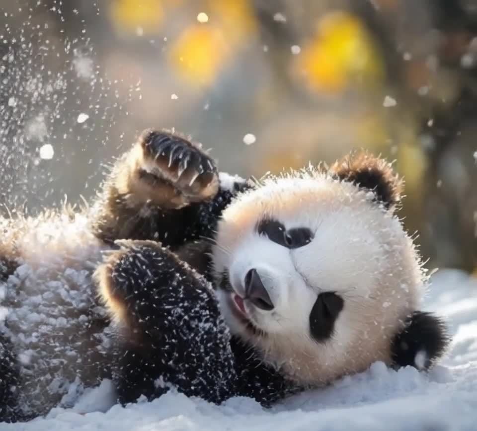 雪地熊猫嬉戏享受冬日