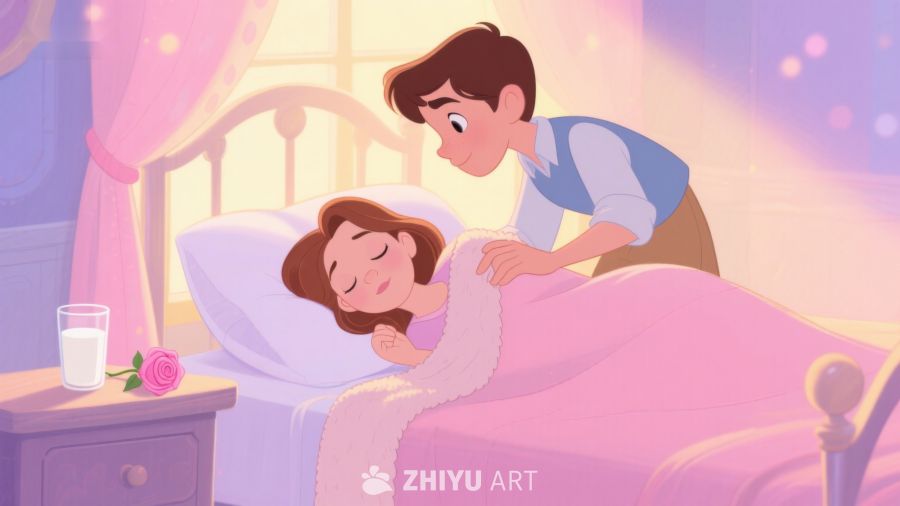 温馨睡前场景：男孩轻抚女孩额头 423