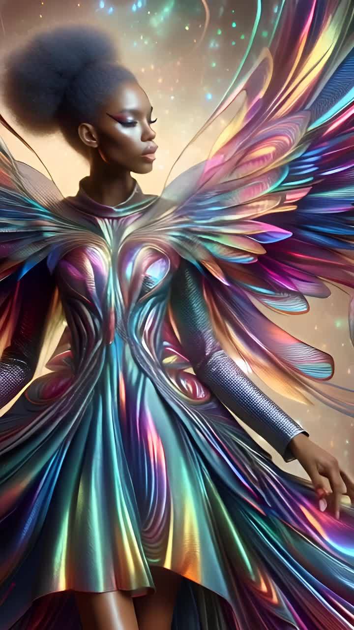 一名非洲裔女性站在画面中央，她身穿一件具有彩虹色反