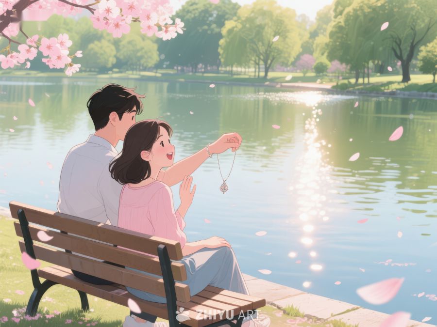 湖畔樱花下的情侣温馨时刻 313